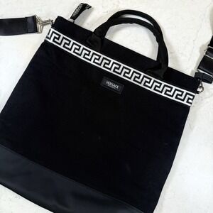 Versace Fragrance Black Canvas Tote Bag Adjustable Strap Greek Key Trim Luxury